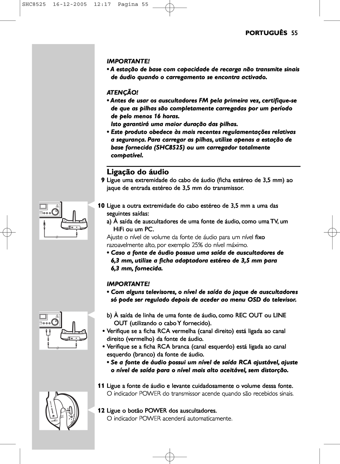 Event electronic SHC8525 manual Ligação do áudio, Português 