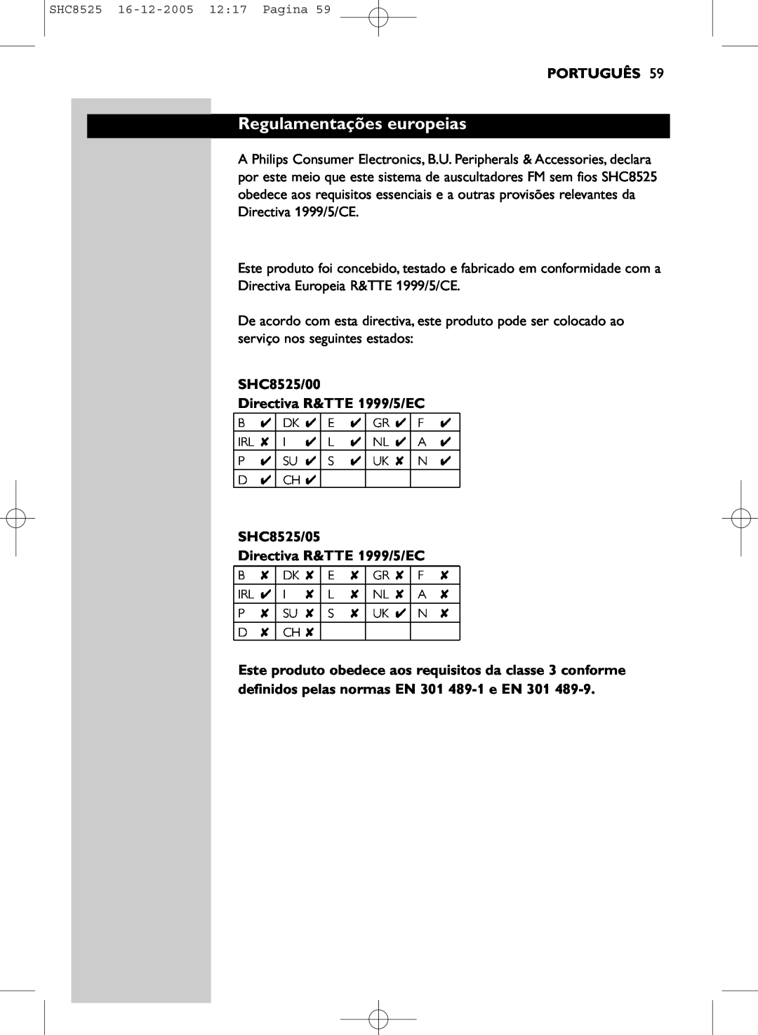 Event electronic manual Regulamentações europeias, Português, SHC8525/00 Directiva R&TTE 1999/5/EC 