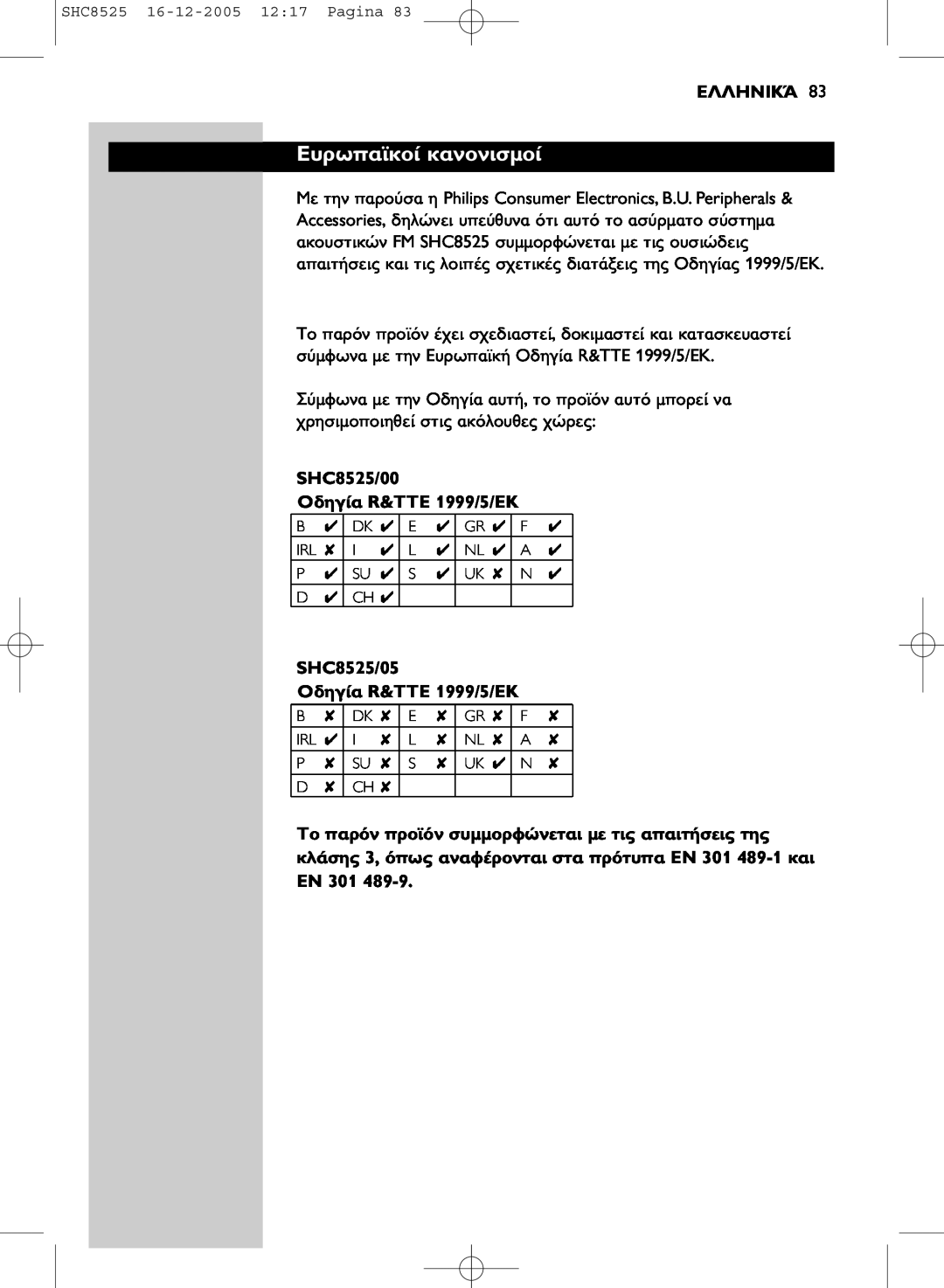 Event electronic manual SHC8525/00, R&TTE 1999/5/EK, SHC8525/05, EN 301 EN 301 