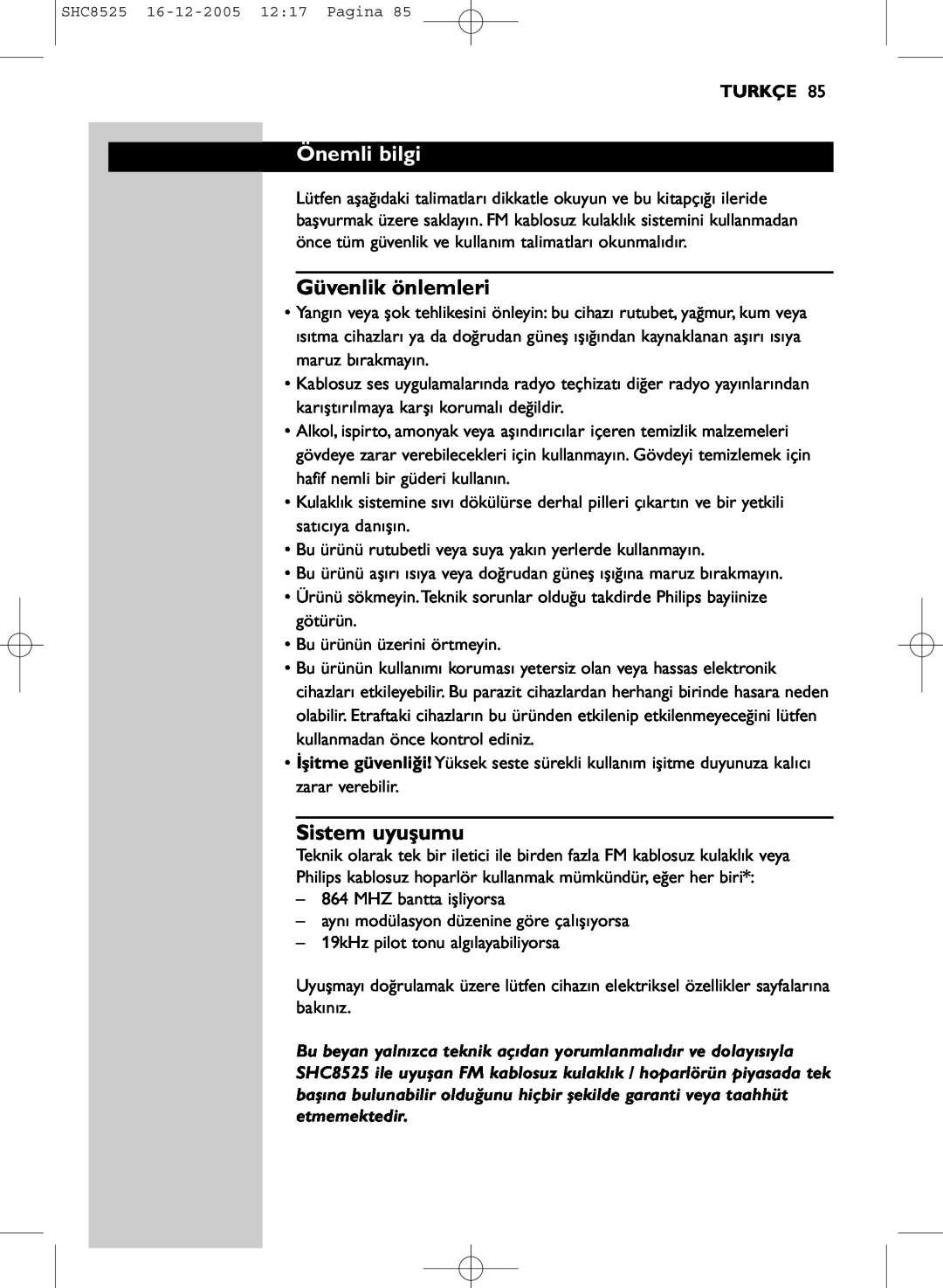 Event electronic SHC8525 manual Önemli bilgi, Güvenlik önlemleri, Sistem uyuşumu, Turkçe 