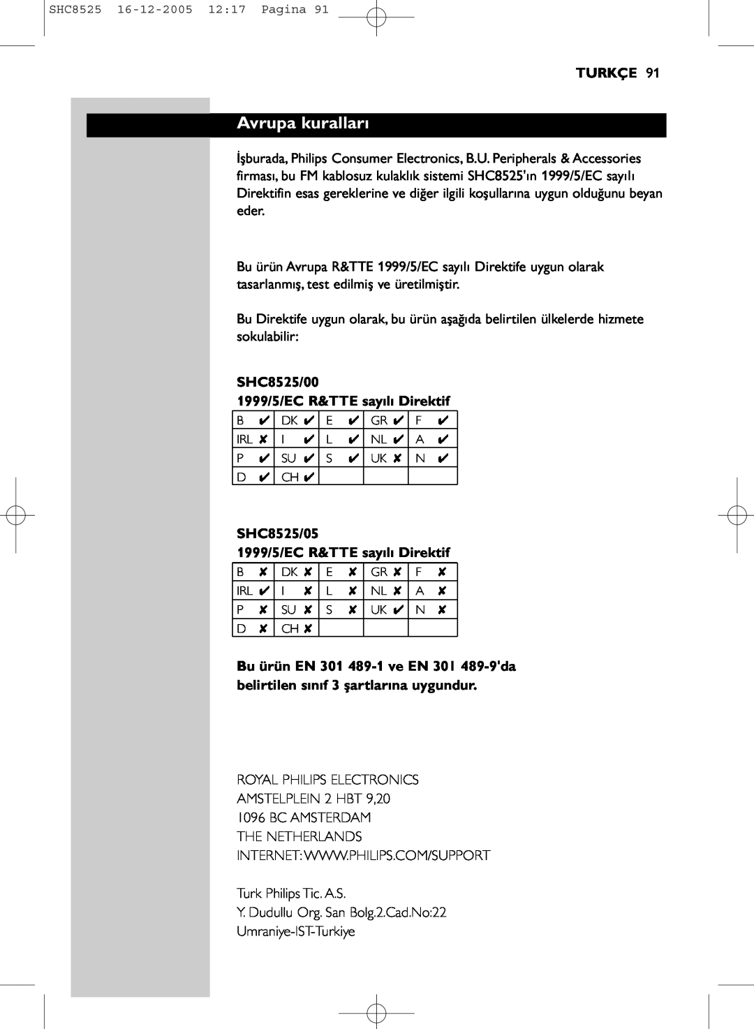 Event electronic manual Avrupa kuralları, Turkçe, SHC8525/00 1999/5/EC R&TTE sayılı Direktif 