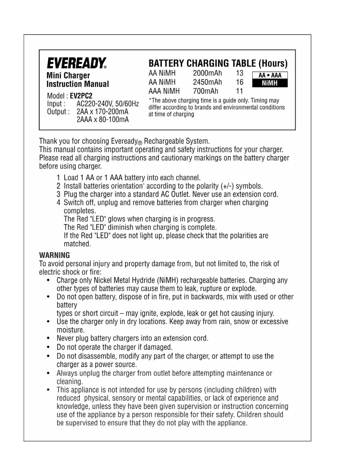 Eveready EV2PC2 manual 