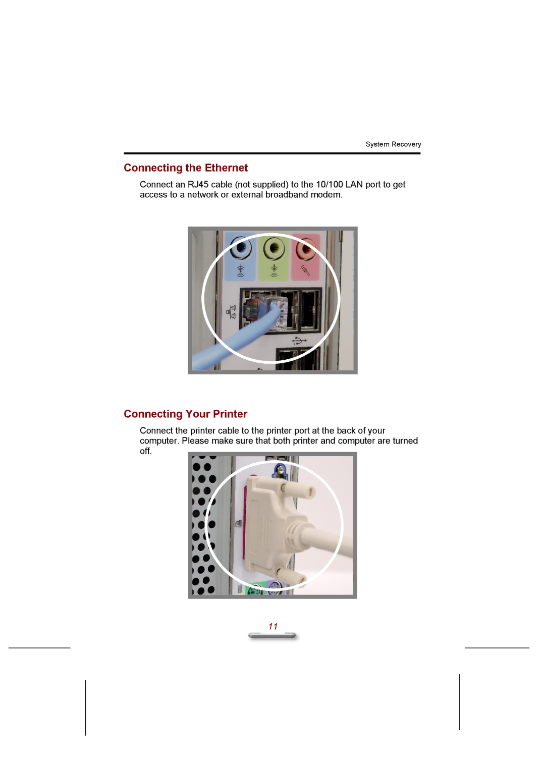 Everex eXplora user manual Connecting the Ethernet, Connecting Your Printer 