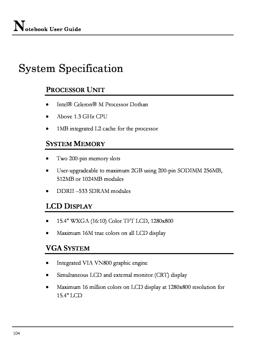 Everex NM4100W, NM3700W, NM3500W, NM3900W manual System Specification, Vga System, Processor Unit, System Memory, Lcd Display 