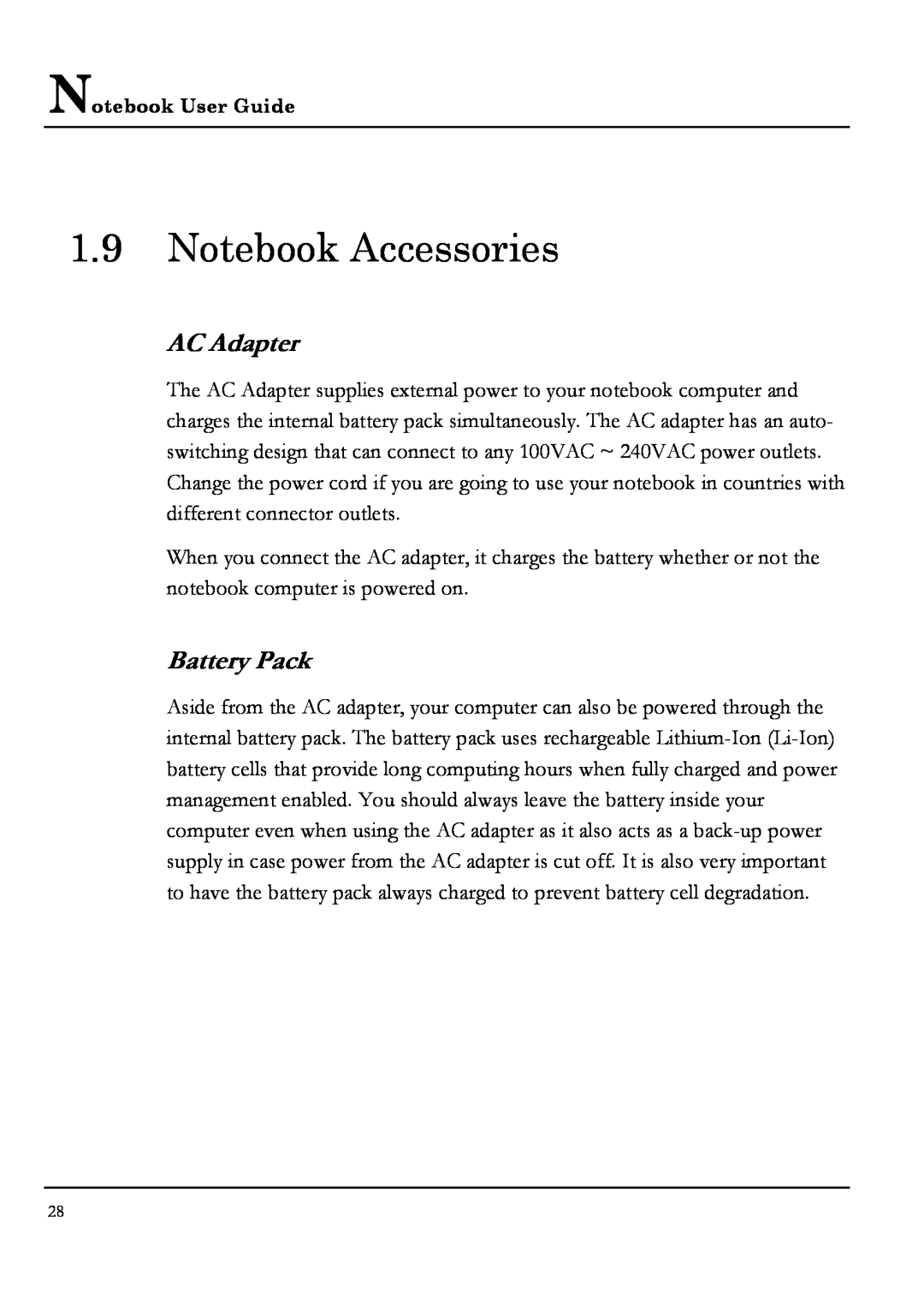 Everex NM4100W, NM3700W, NM3500W, NM3900W manual Notebook Accessories, AC Adapter, Battery Pack 