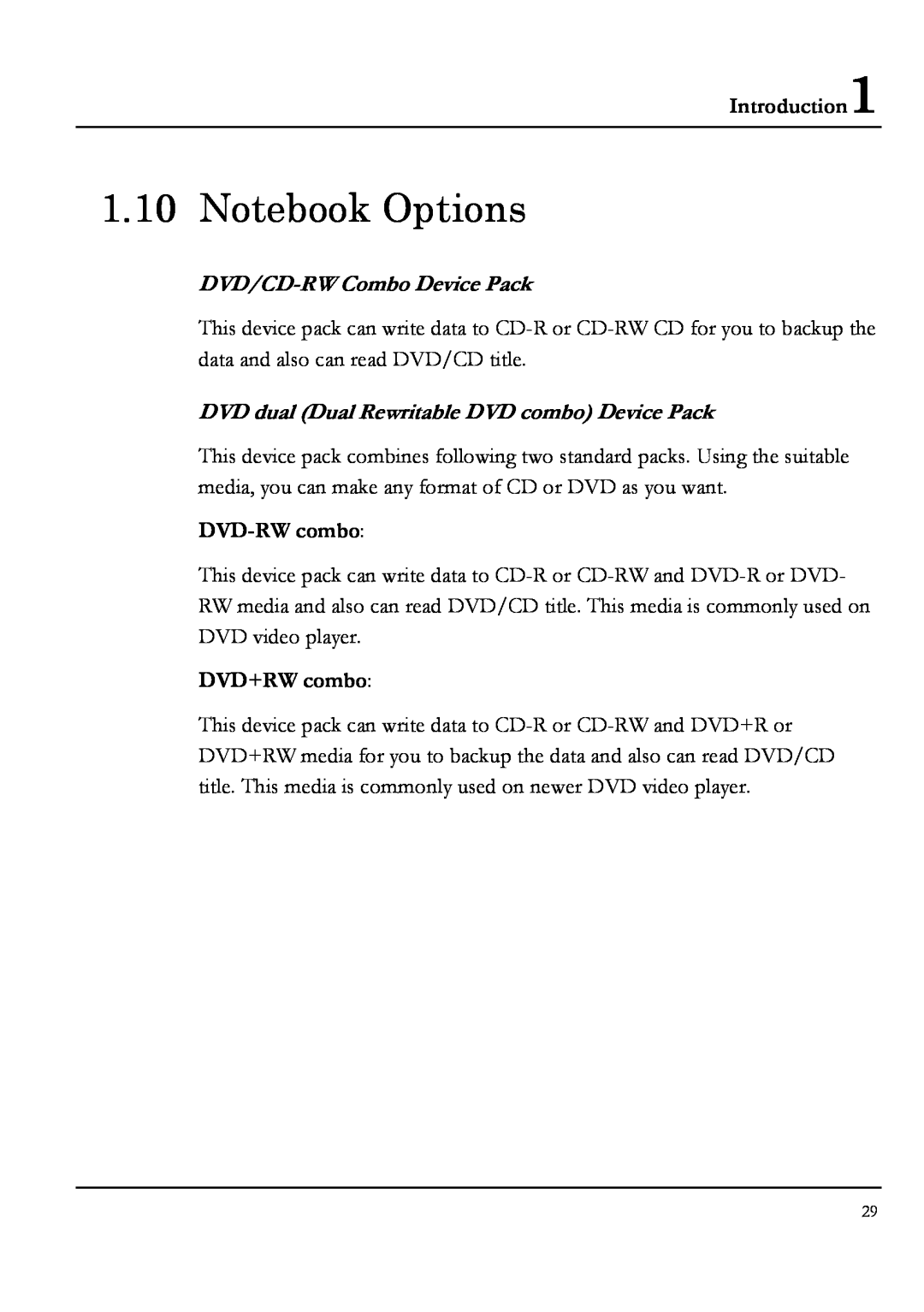 Everex NM3700W, NM4100W, NM3500W Notebook Options, Introduction1, DVD/CD-RW Combo Device Pack, DVD-RW combo, DVD+RW combo 