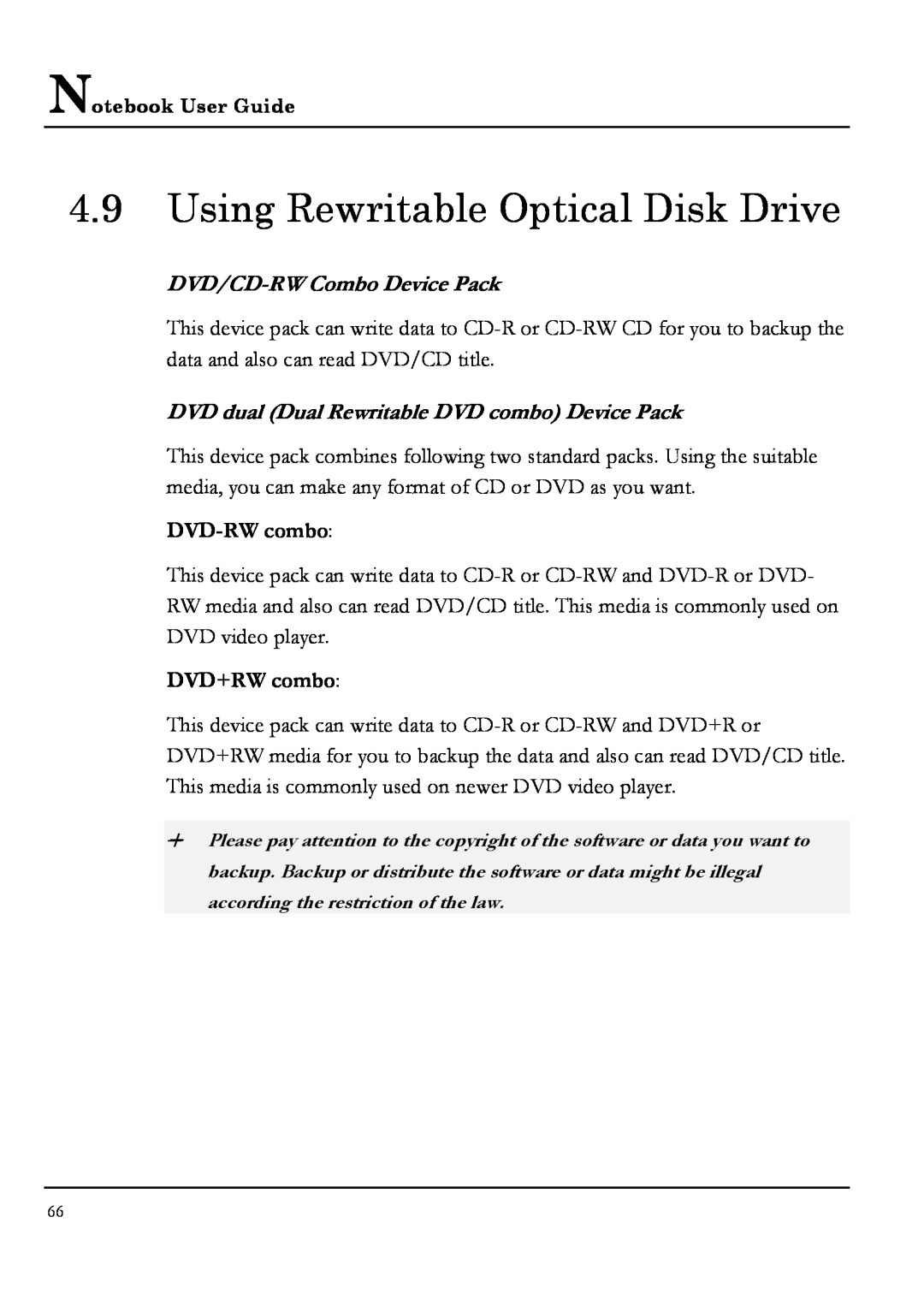 Everex NM3500W, NM4100W manual Using Rewritable Optical Disk Drive, DVD/CD-RW Combo Device Pack, DVD-RW combo, DVD+RW combo 