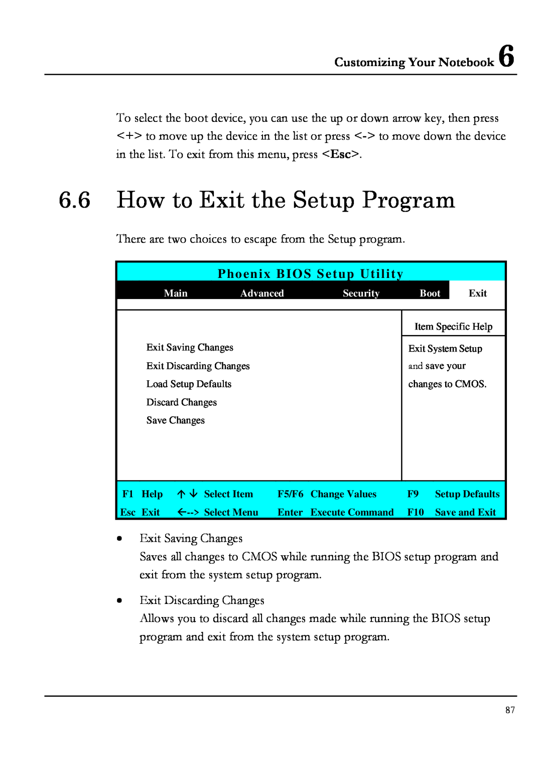 Everex NM3900W, NM4100W, NM3700W manual How to Exit the Setup Program, Customizing Your Notebook, Phoenix BIOS Setup Utility 