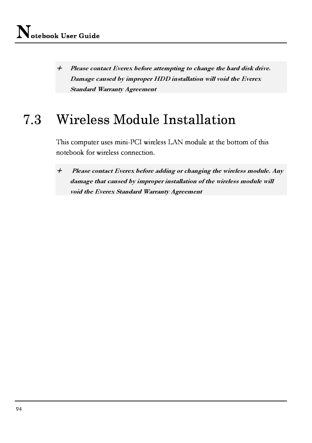 Everex NM3500W, NM4100W, NM3700W, NM3900W manual Wireless Module Installation, Notebook User Guide 