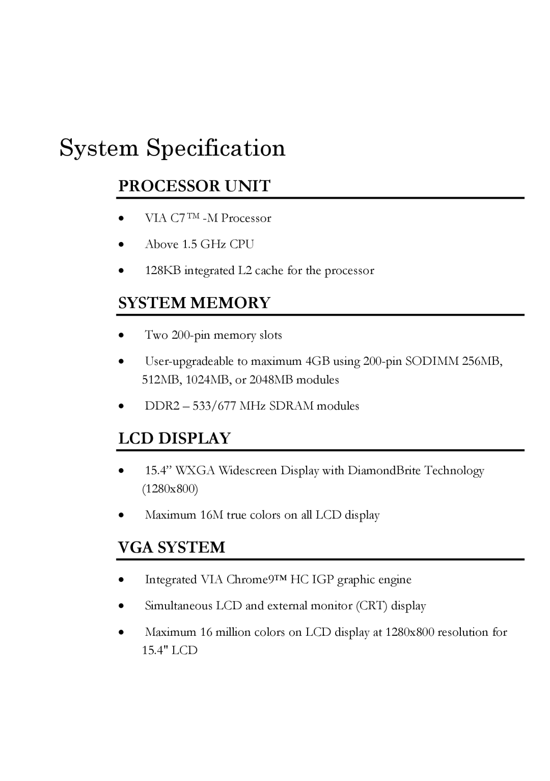 Everex Stepnote NC user manual System Specification, Processor Unit, System Memory, LCD Display, VGA System 