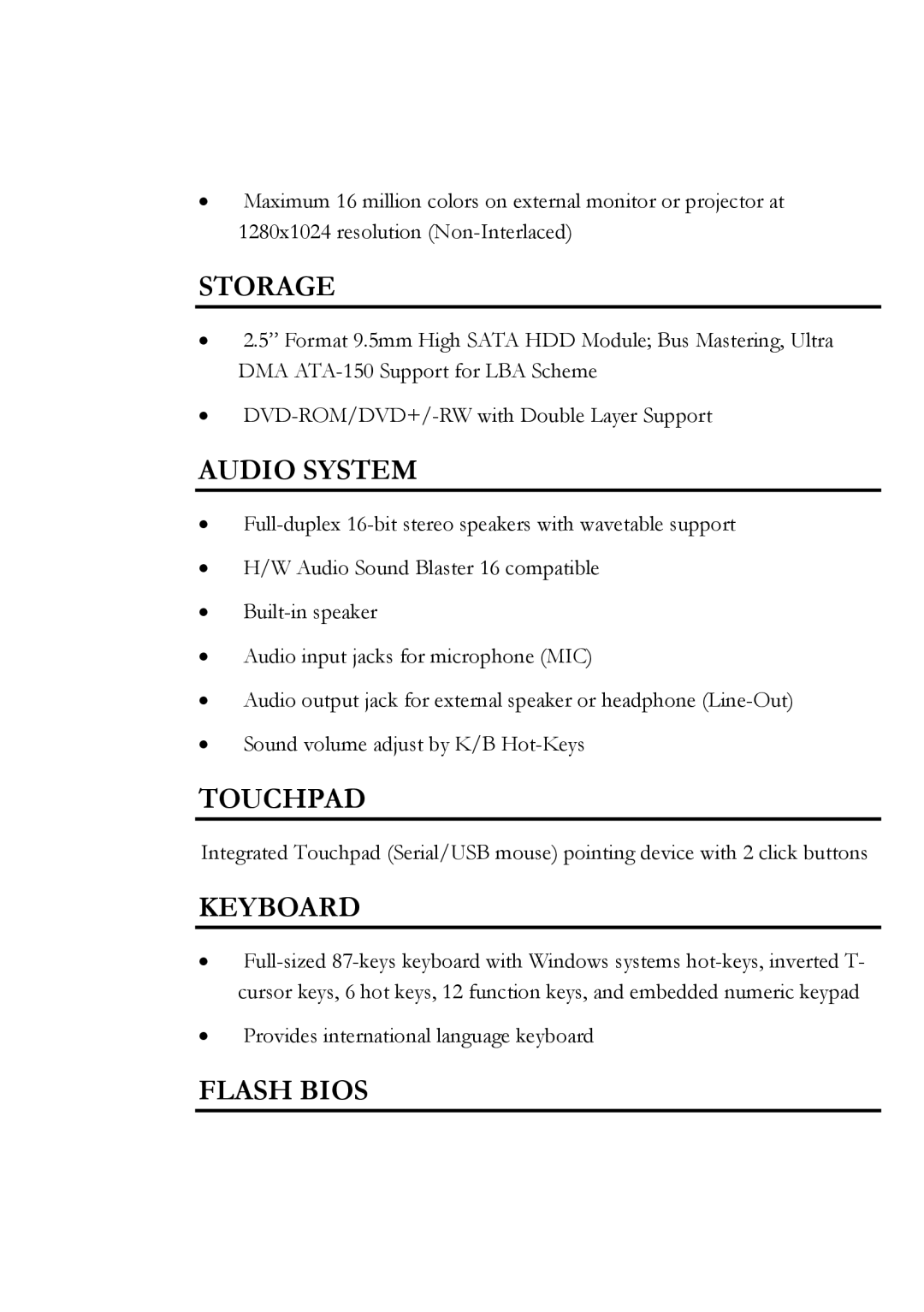 Everex Stepnote NC user manual Storage, Audio System, Touchpad, Keyboard, Flash Bios 