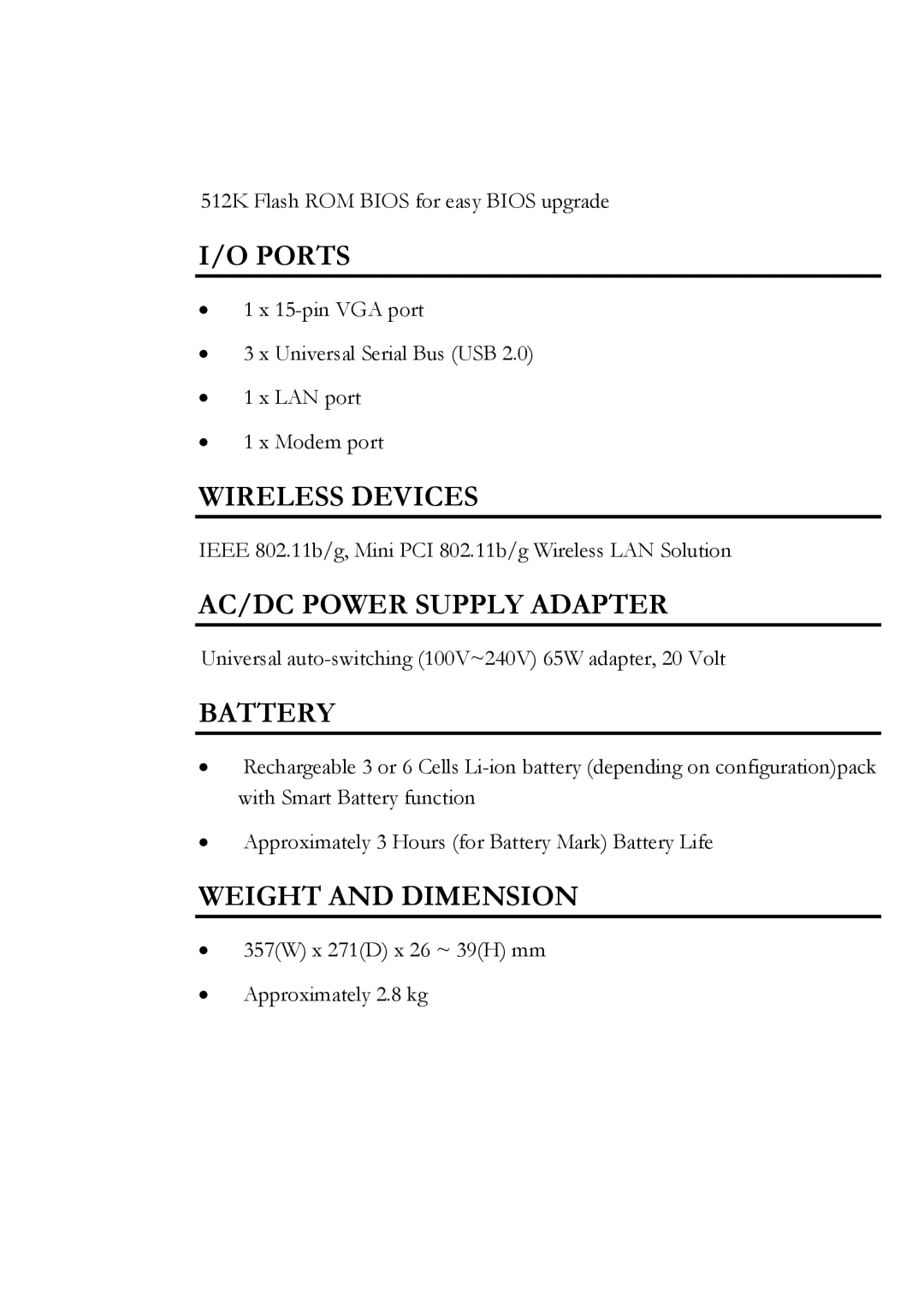 Everex Stepnote NC user manual Ports, Wireless Devices, AC/DC Power Supply Adapter, Battery, Weight and Dimension 