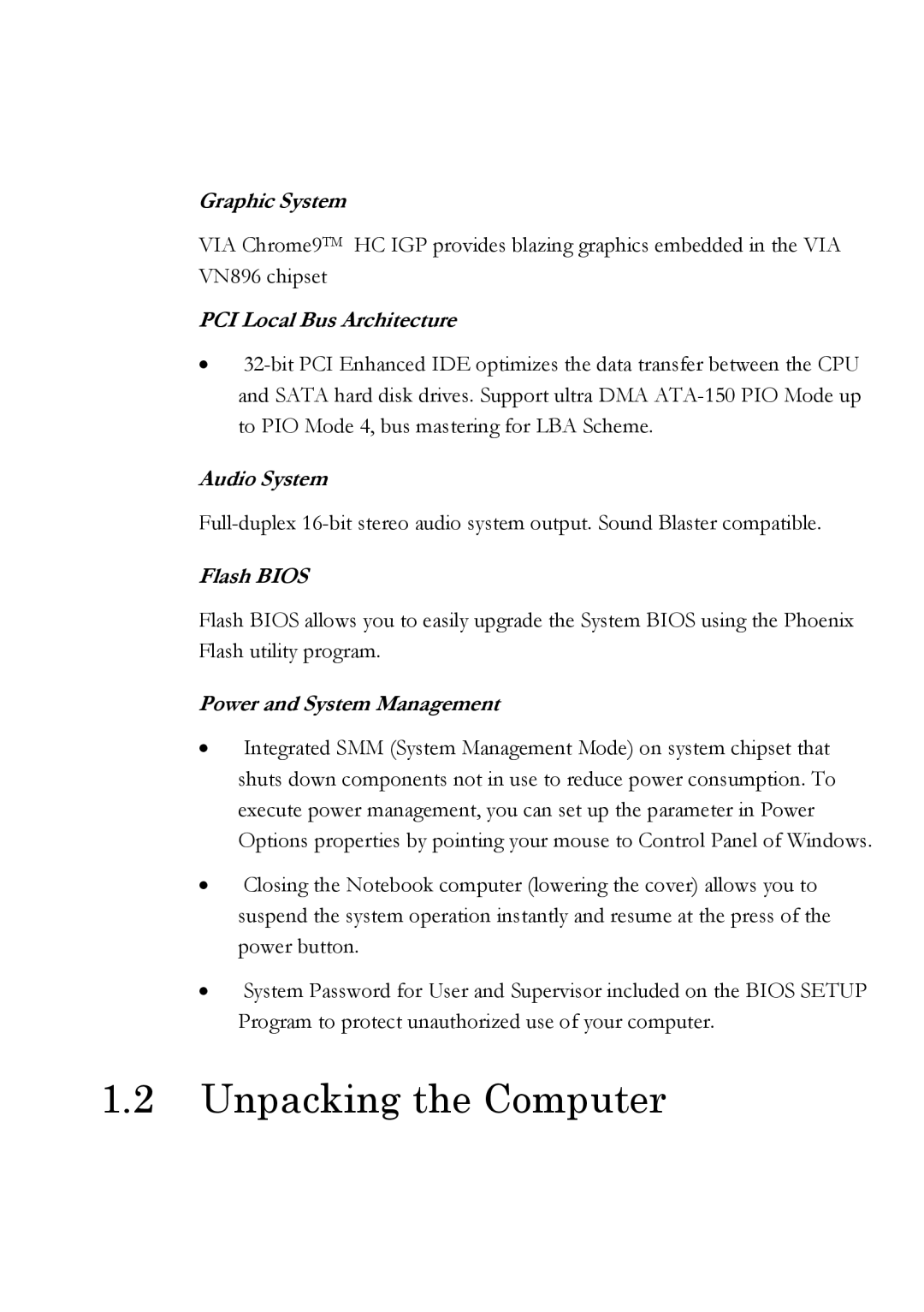 Everex Stepnote NC user manual Unpacking the Computer, PCI Local Bus Architecture 