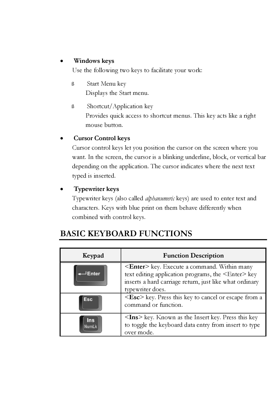 Everex Stepnote NC user manual Basic Keyboard Functions, Windows keys, Cursor Control keys, Typewriter keys 