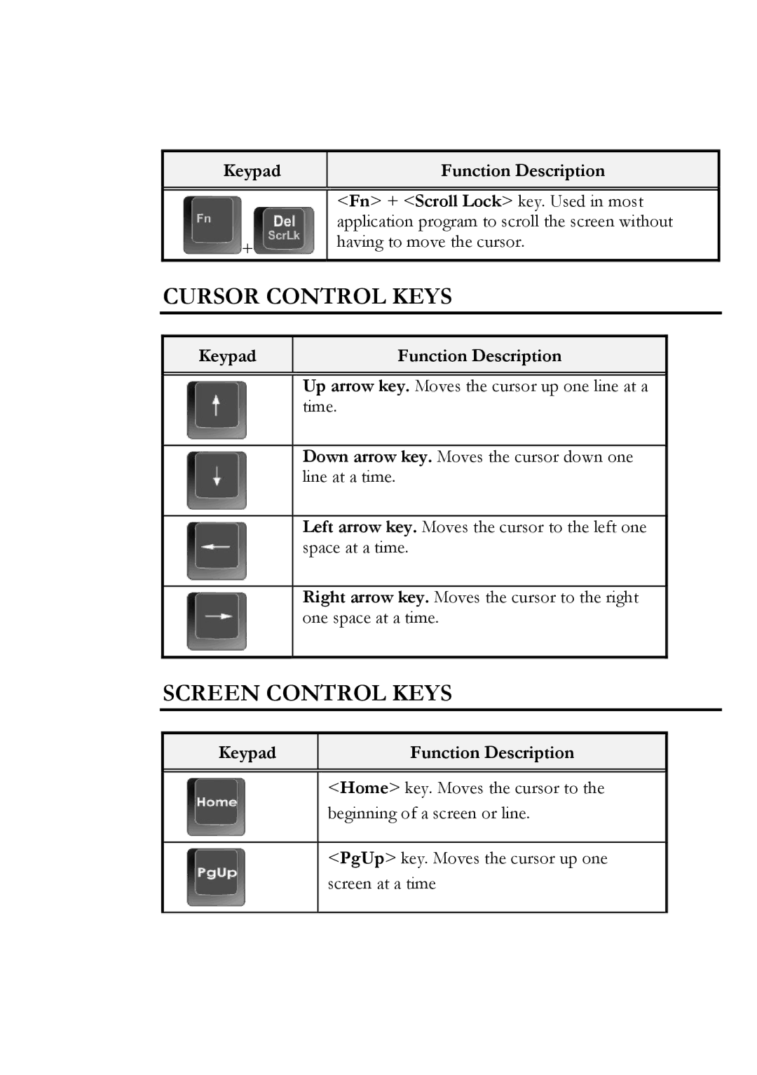 Everex Stepnote NC user manual Cursor Control Keys, Screen Control Keys 