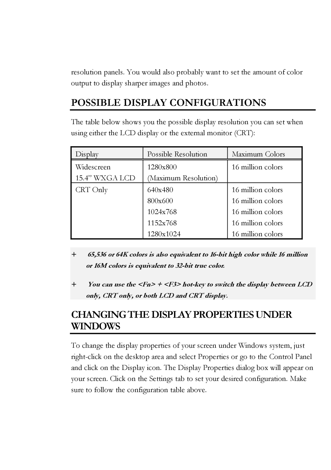 Everex Stepnote NC user manual Possible Display Configurations, Changing the Display Properties Under Windows 