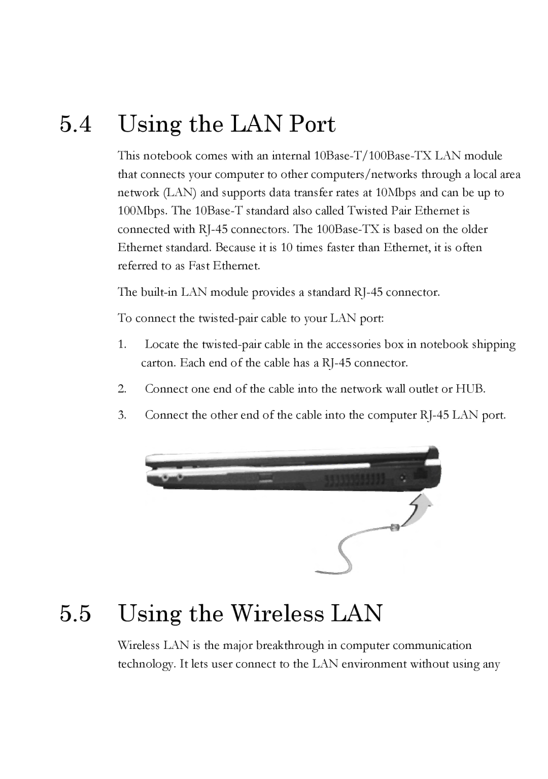 Everex Stepnote NC user manual Using the LAN Port, Using the Wireless LAN 