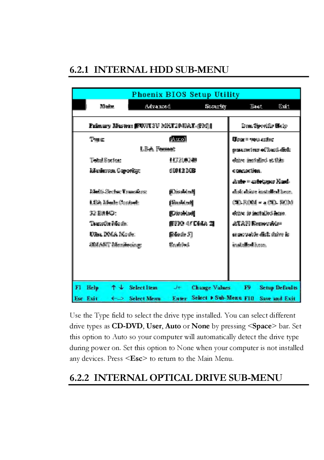 Everex Stepnote NC user manual Internal HDD SUB-MENU, Internal Optical Drive SUB-MENU 