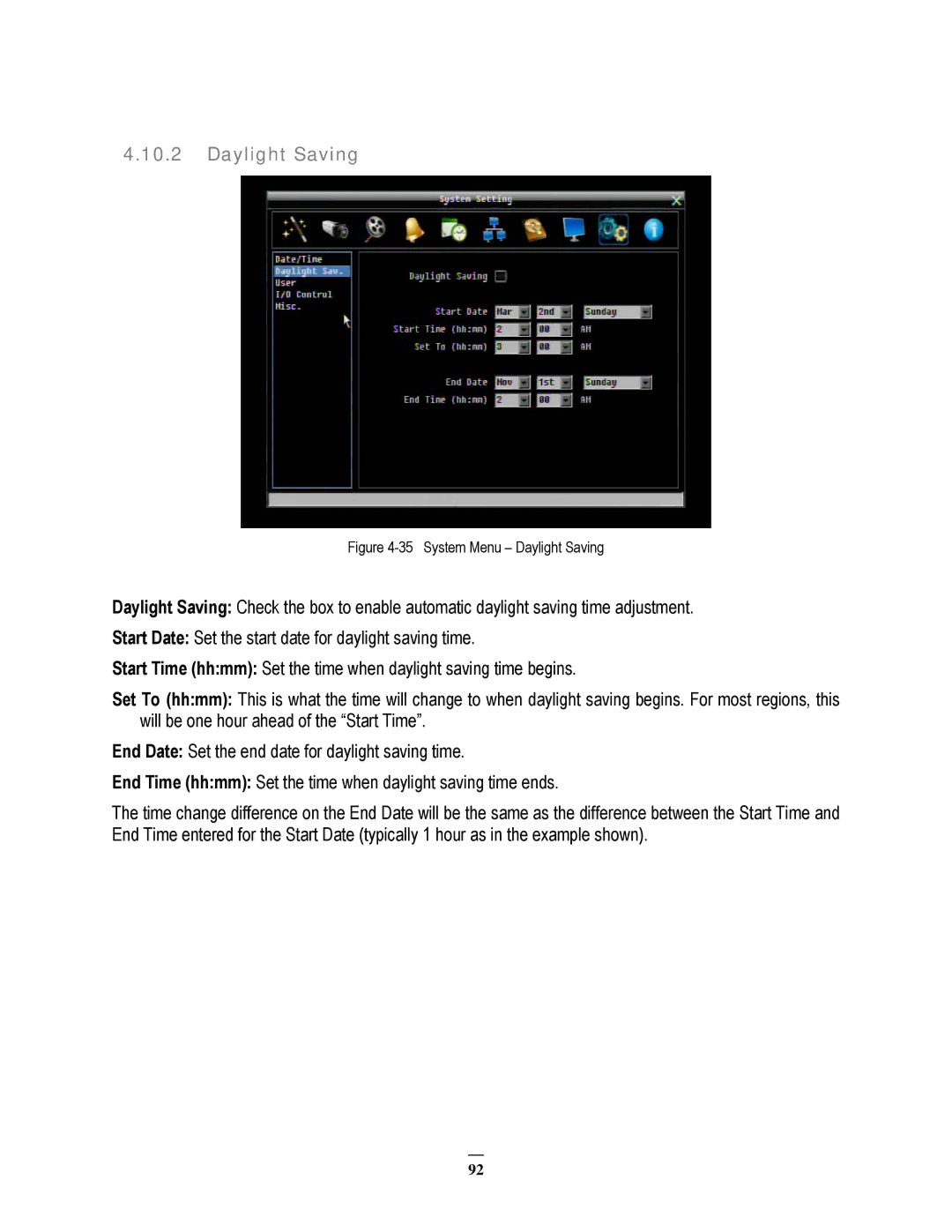 EverFocus 22HH1144 user manual System Menu Daylight Saving 