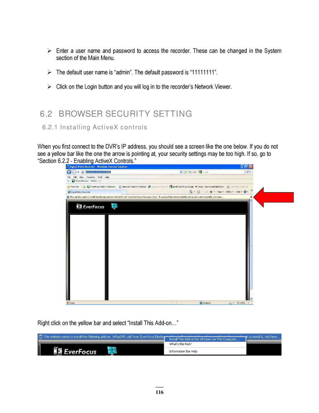 EverFocus 22HH1144 user manual Browser Security Setting, Installing ActiveX controls 