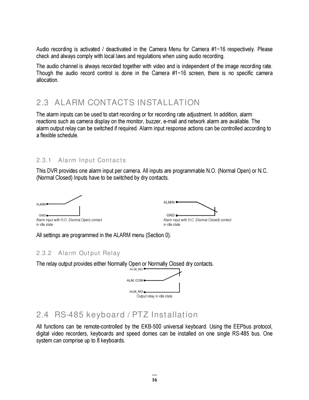 EverFocus 22HH1144 user manual Alarm Contacts Installation, RS-485 keyboard / PTZ Installation, Alarm Input Contacts 