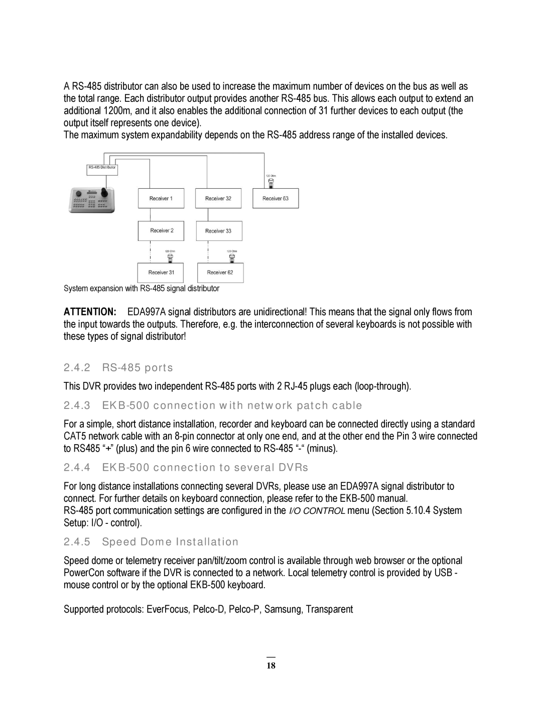 EverFocus 22HH1144 2 RS-485 ports, EKB-500 connection with network patch cable, EKB-500 connection to several DVRs 