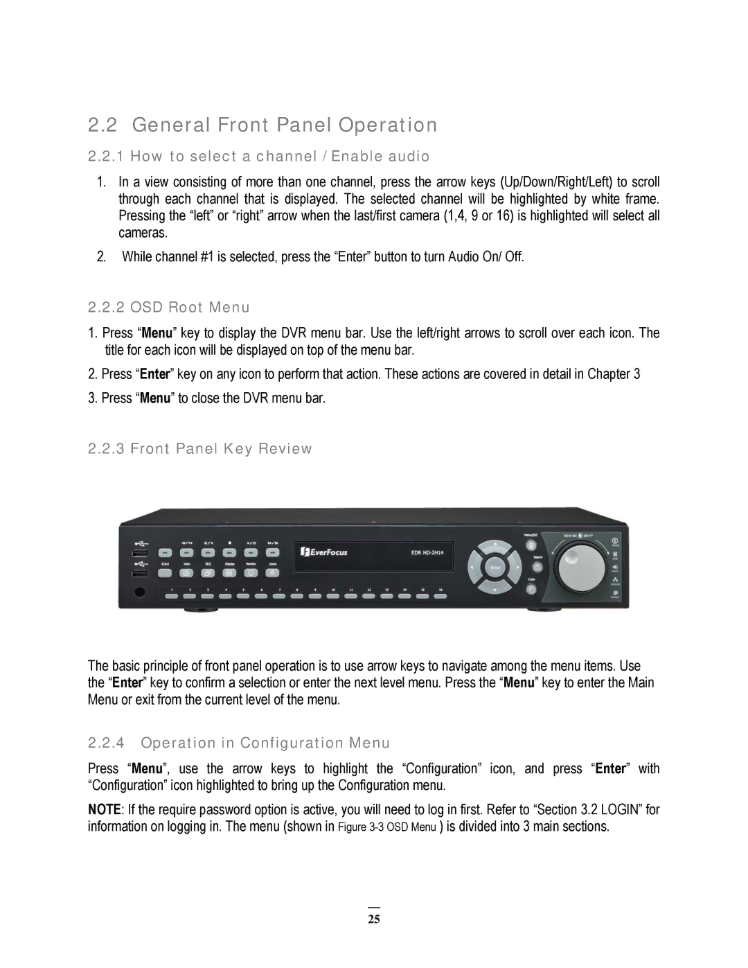 EverFocus 22HH1144 user manual General Front Panel Operation, Front Panel Key Review, Operation in Configuration Menu 