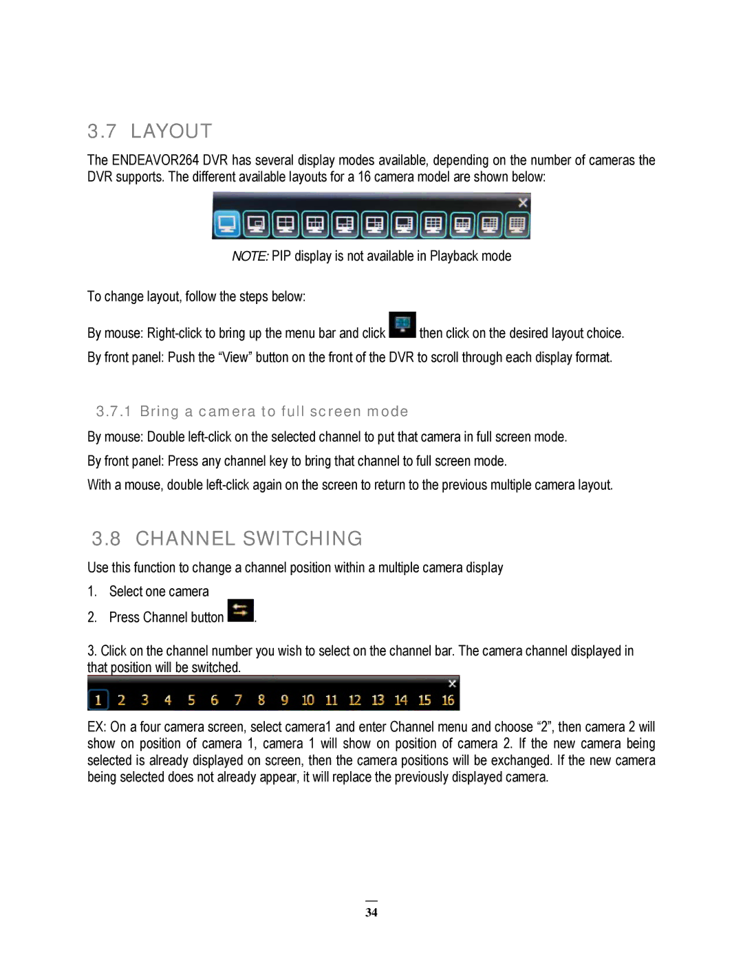 EverFocus 22HH1144 user manual Layout, Channel Switching, Bring a camera to full screen mode 