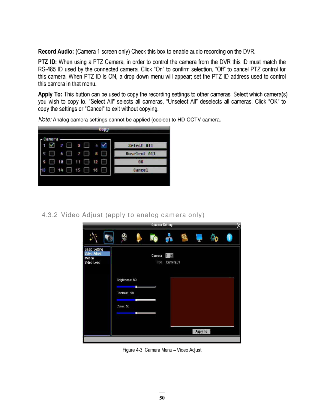 EverFocus 22HH1144 user manual Video Adjust apply to analog camera only, Camera Menu Video Adjust 