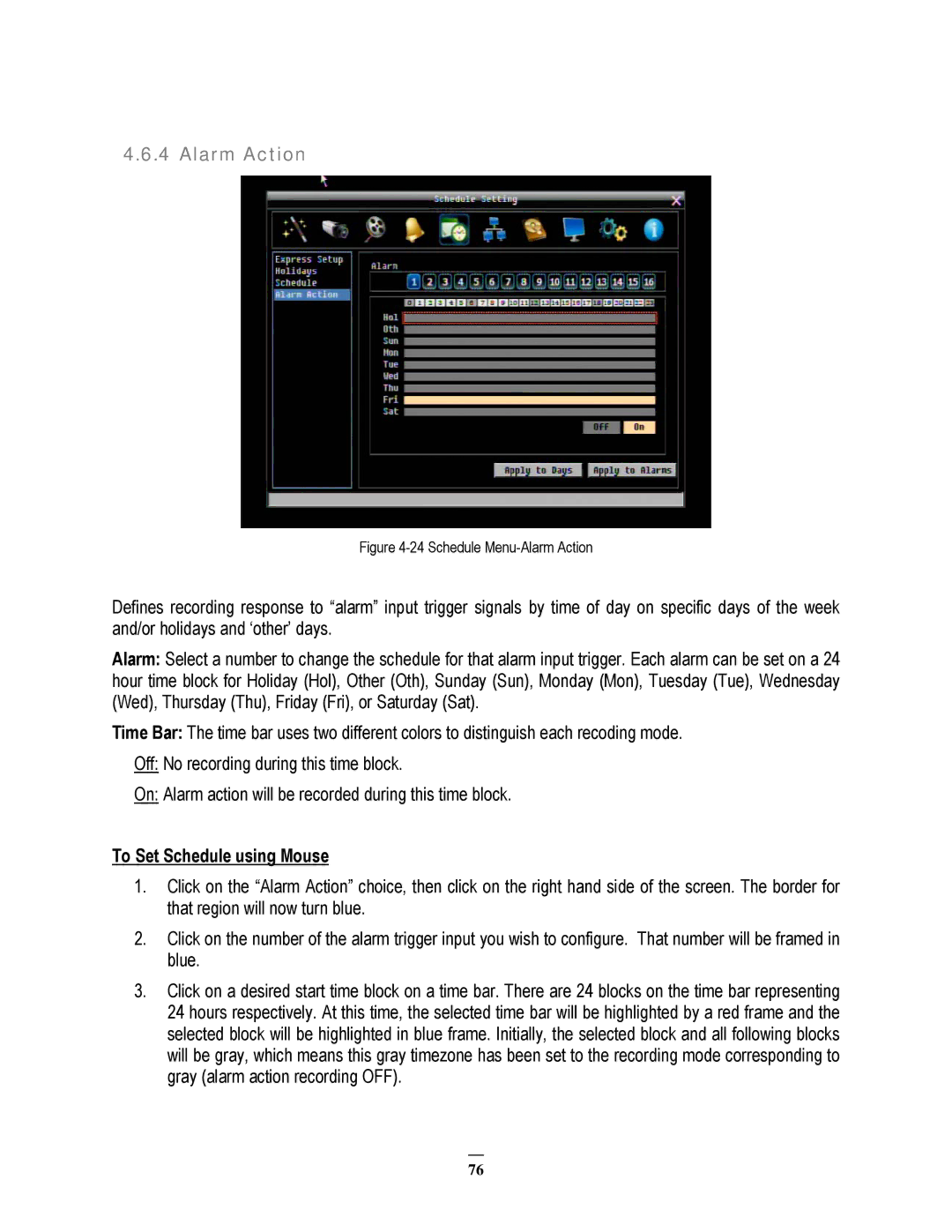 EverFocus 22HH1144 user manual Schedule Menu-Alarm Action 