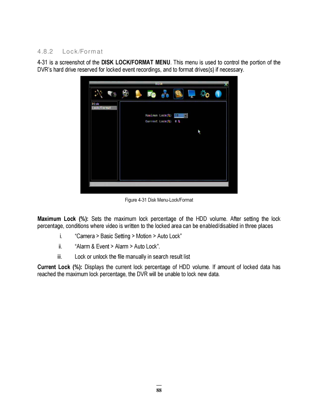 EverFocus 22HH1144 user manual Disk Menu-Lock/Format 