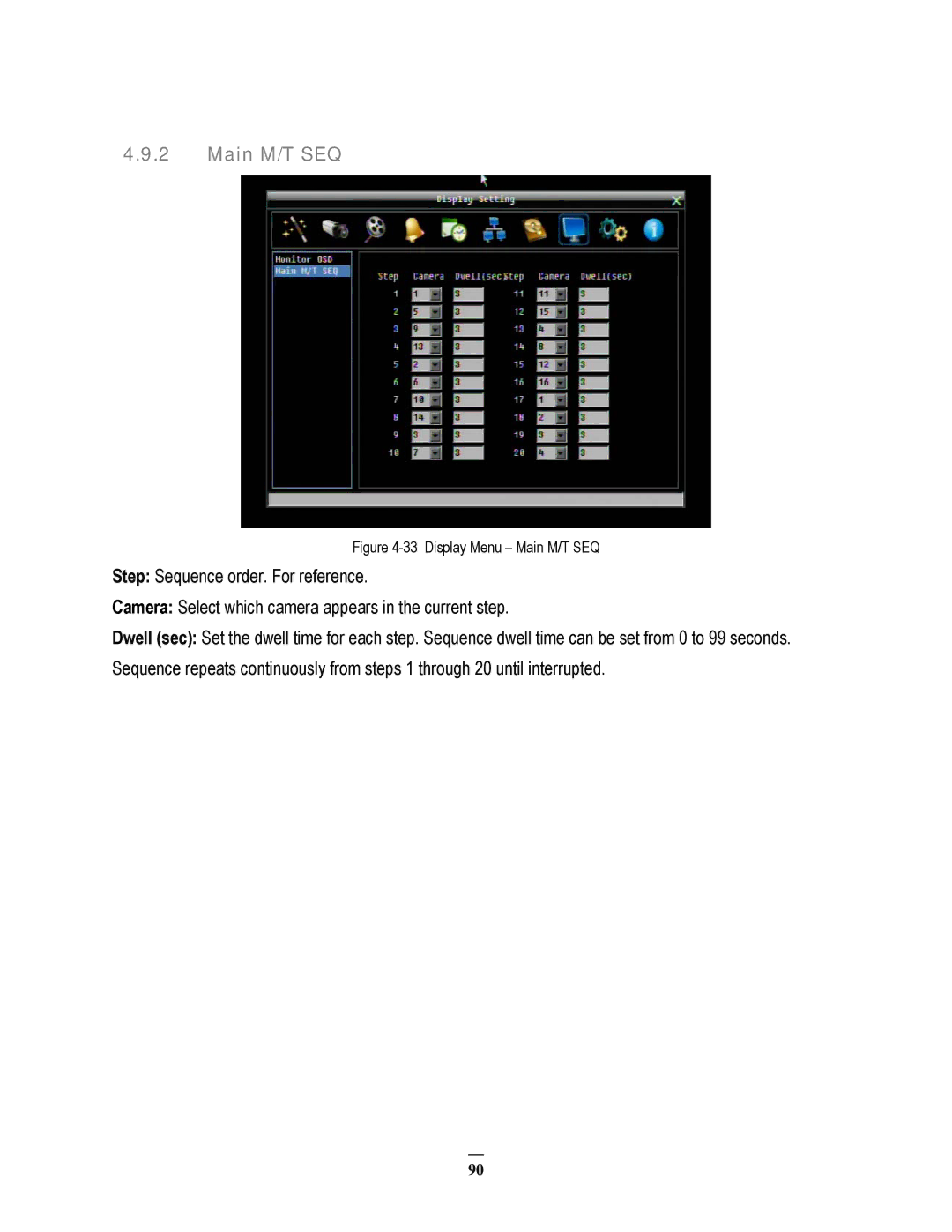 EverFocus 22HH1144 user manual Display Menu Main M/T SEQ 