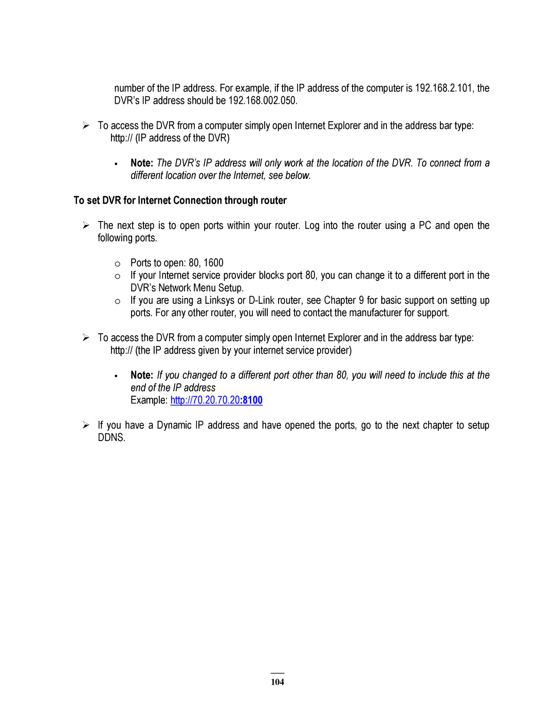 EverFocus 264x4, 264x2 instruction manual To set DVR for Internet Connection through router, Example http//70.20.70.208100 