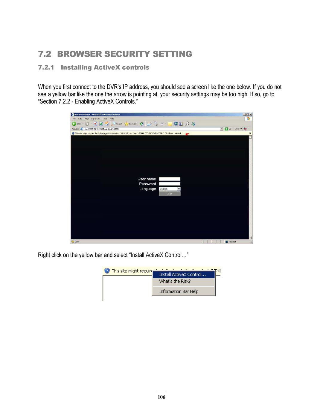 EverFocus 264x4, 264x2 instruction manual Browser Security Setting, Installing ActiveX controls 