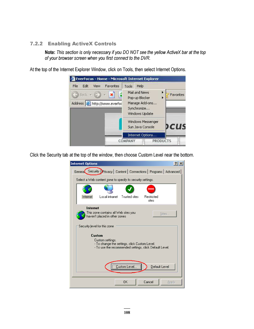 EverFocus 264x4, 264x2 instruction manual Enabling ActiveX Controls 