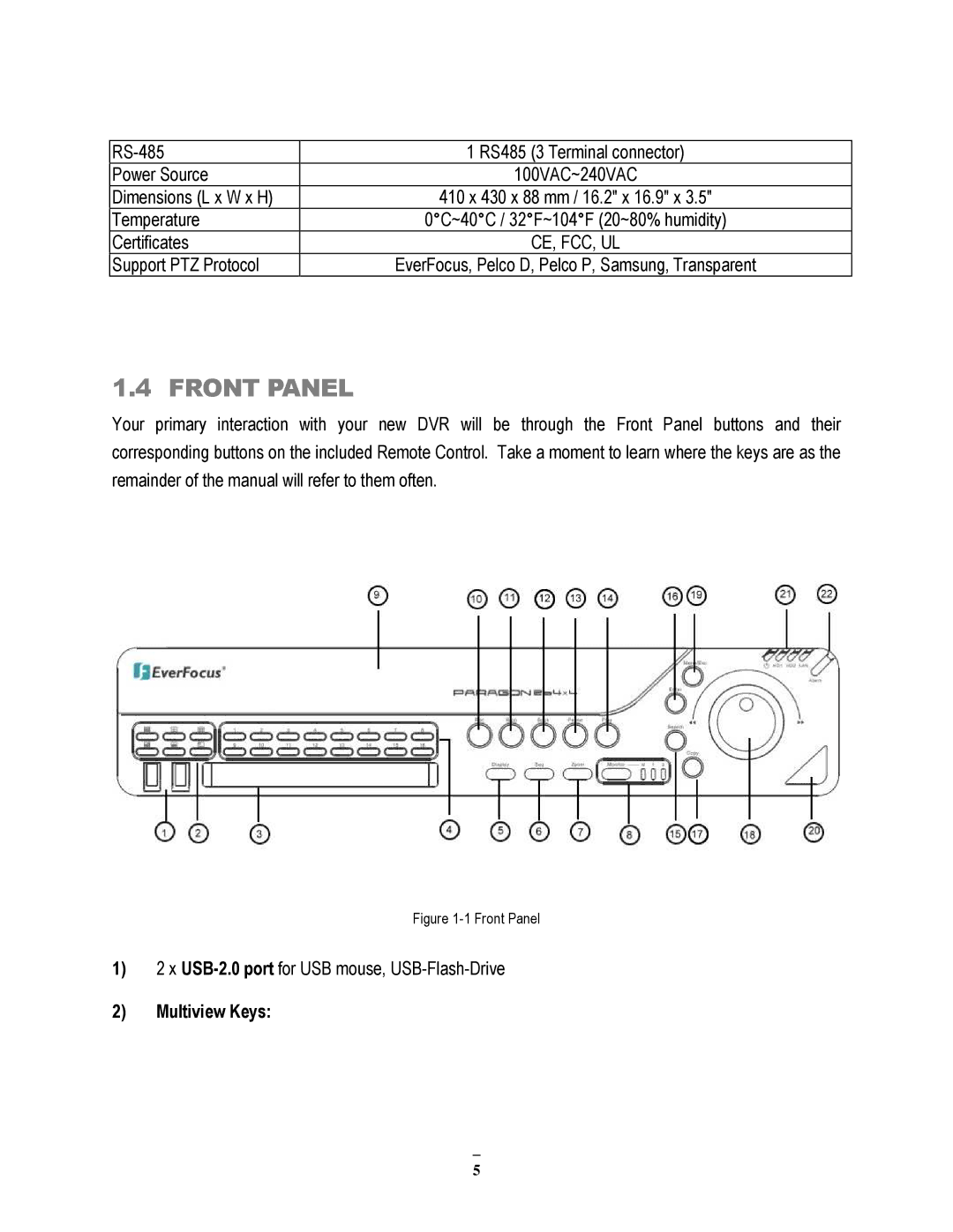 EverFocus 264x2, 264x4 instruction manual Front Panel, Multiview Keys 