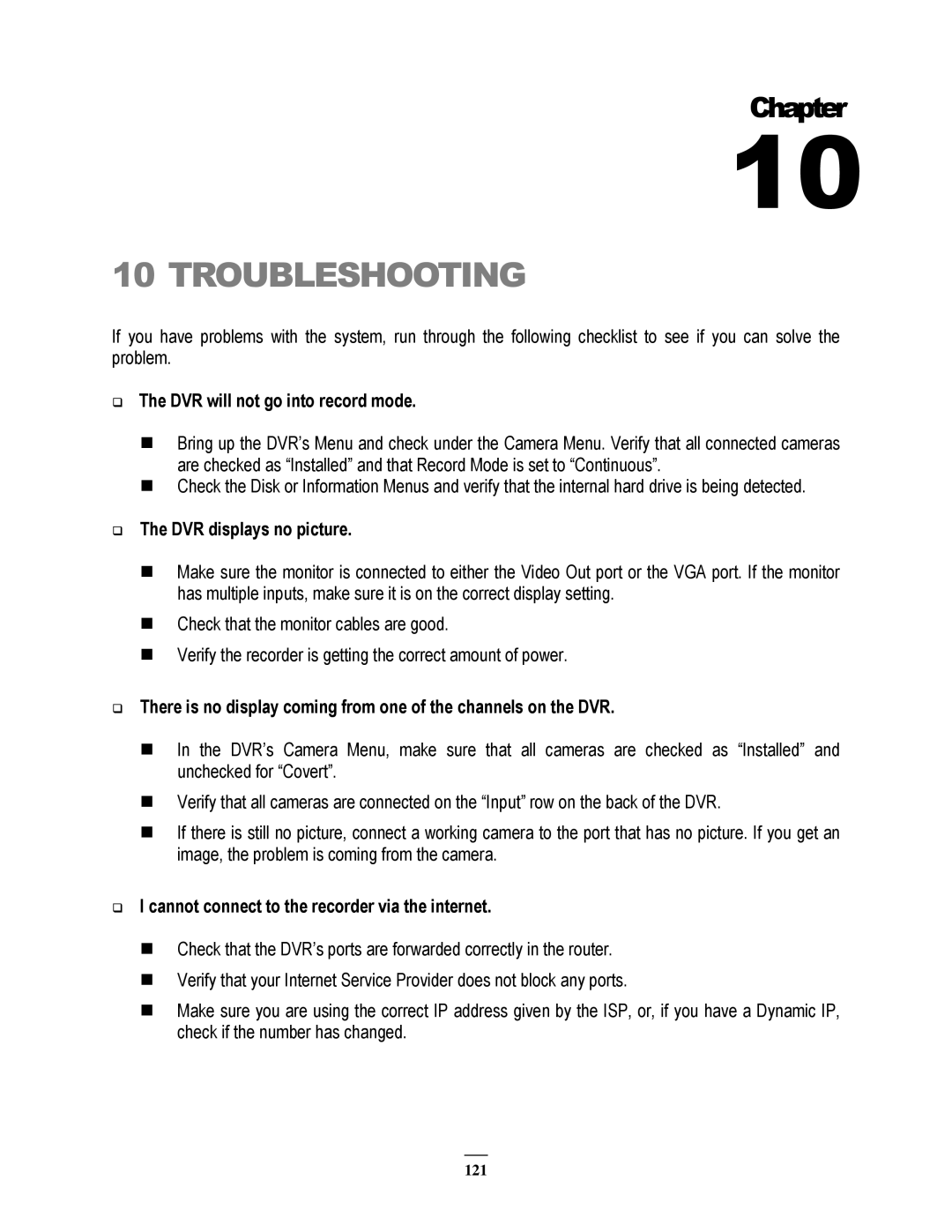 EverFocus 264x2, 264x4 instruction manual Troubleshooting, DVR will not go into record mode, DVR displays no picture 