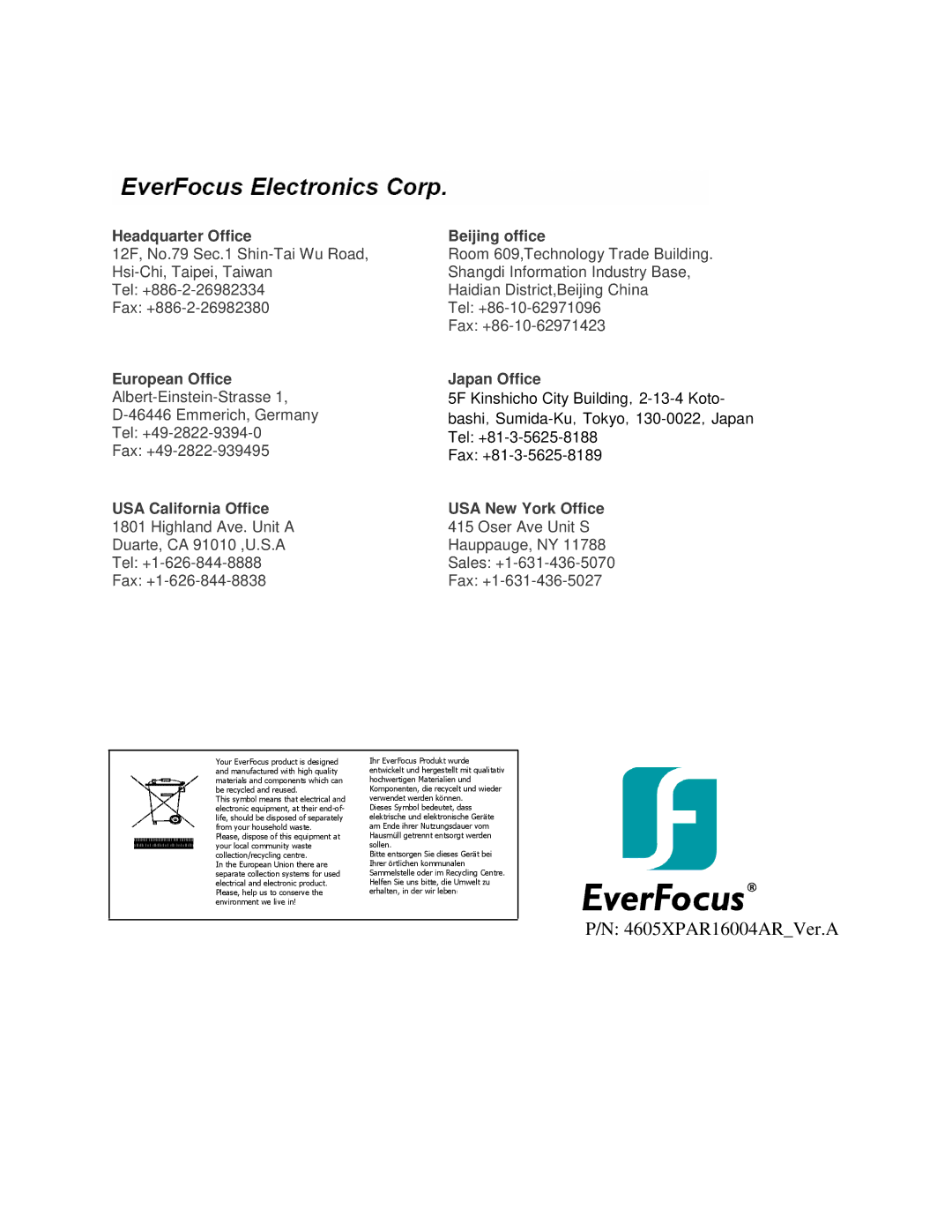 EverFocus 264x2, 264x4 instruction manual 4605XPAR16004ARVer.A 