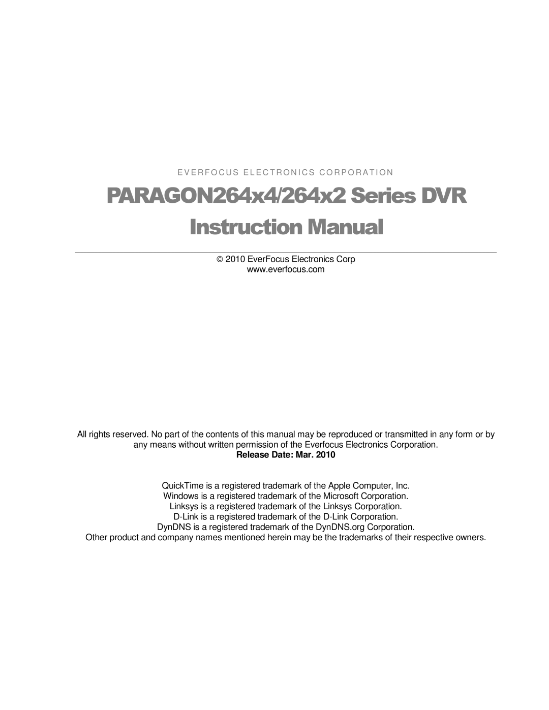 EverFocus instruction manual PARAGON264x4/264x2 Series DVR 