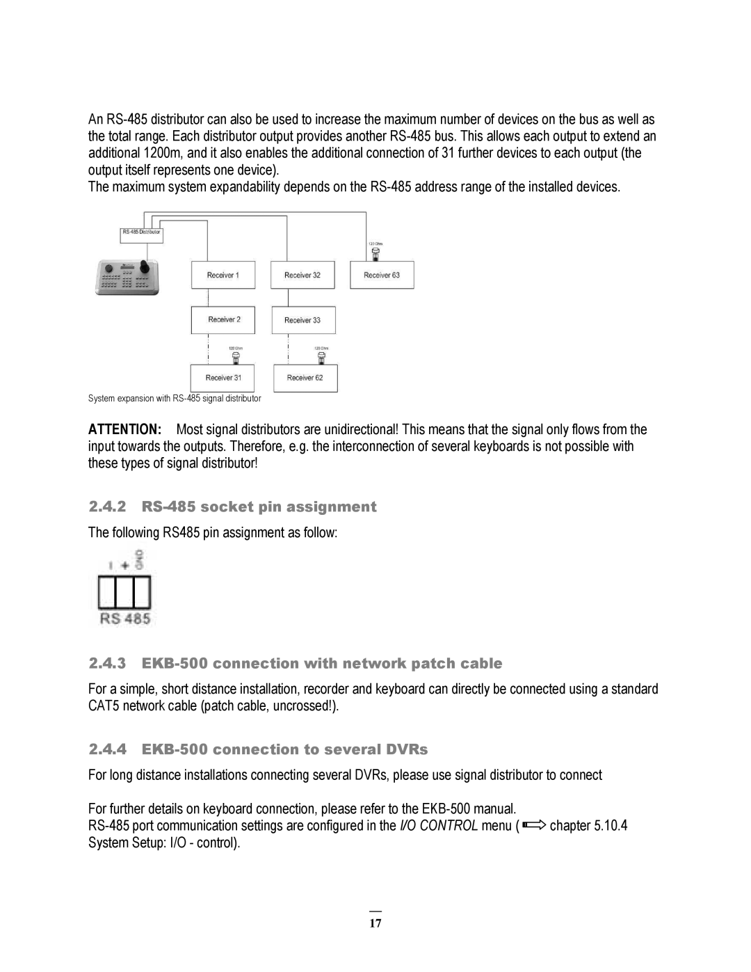 EverFocus 264x2, 264x4 instruction manual 2 RS-485 socket pin assignment, EKB-500 connection with network patch cable 