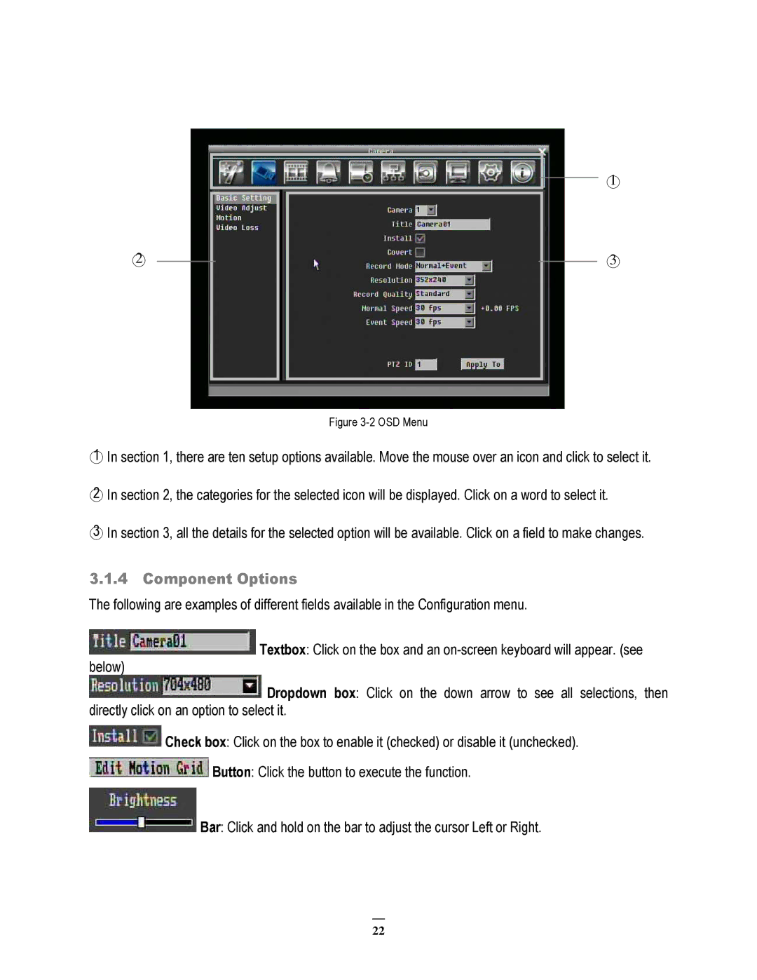 EverFocus 264x4, 264x2 instruction manual Component Options, OSD Menu 