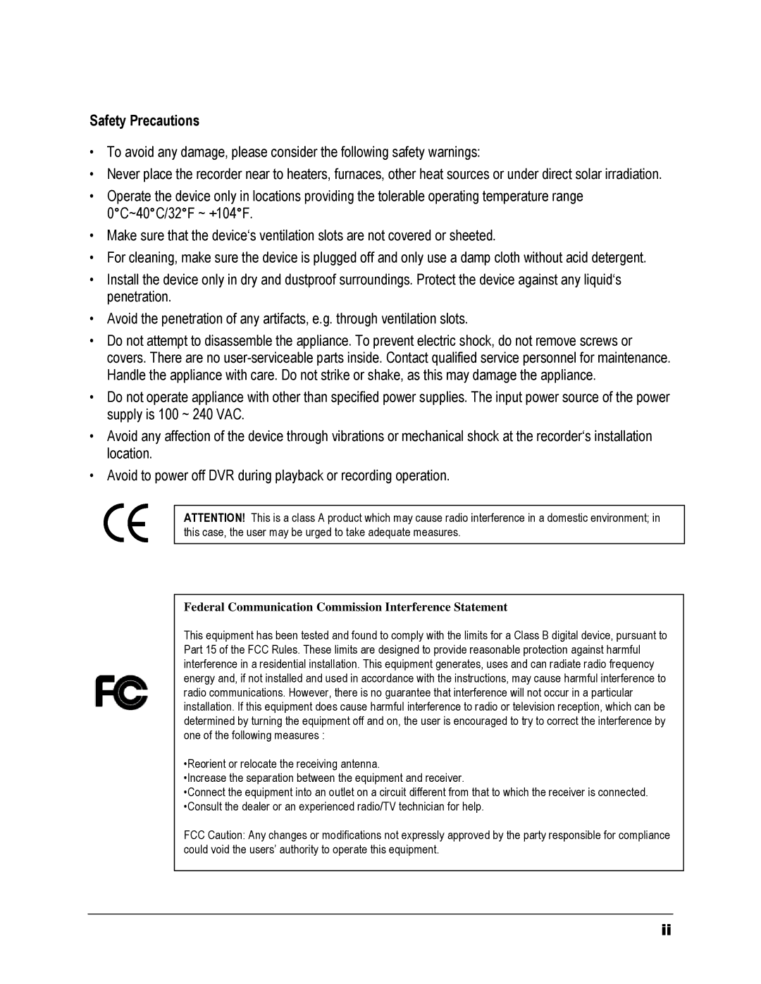 EverFocus 264x4, 264x2 instruction manual Safety Precautions, Federal Communication Commission Interference Statement 