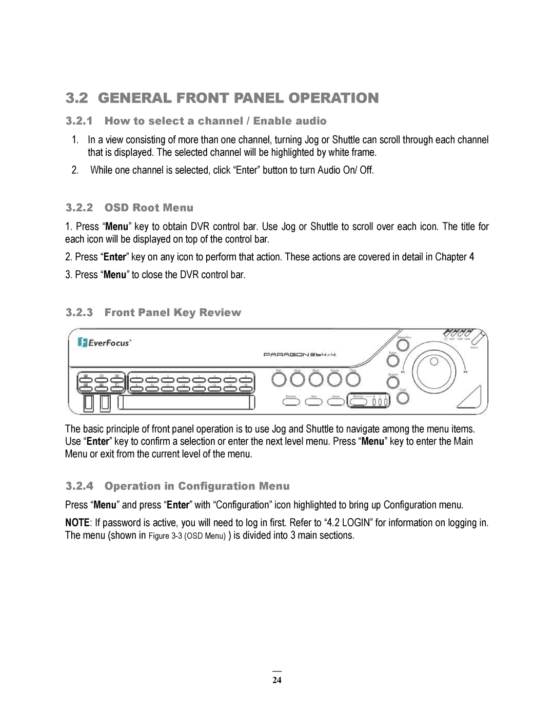 EverFocus 264x4, 264x2 instruction manual General Front Panel Operation, Front Panel Key Review 