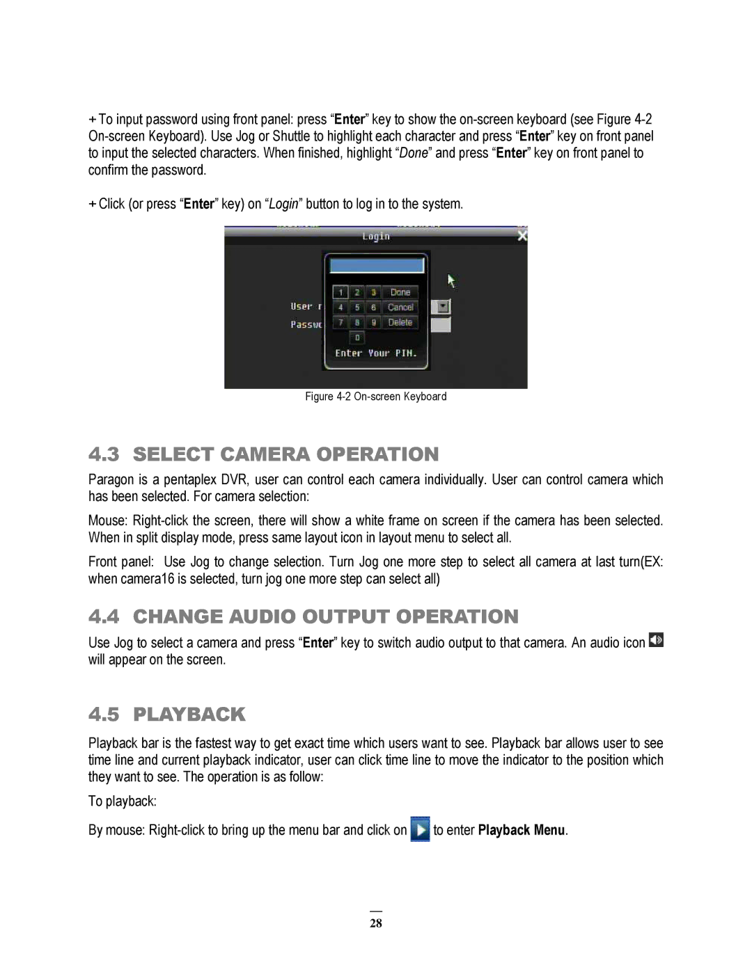 EverFocus 264x4, 264x2 instruction manual Select Camera Operation, Change Audio Output Operation, Playback 