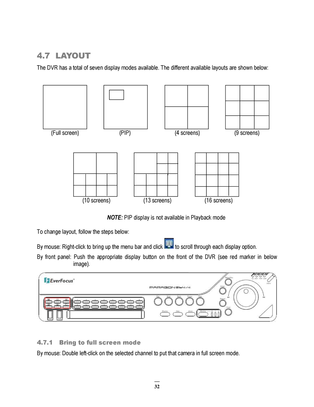 EverFocus 264x4, 264x2 instruction manual Layout, Bring to full screen mode 