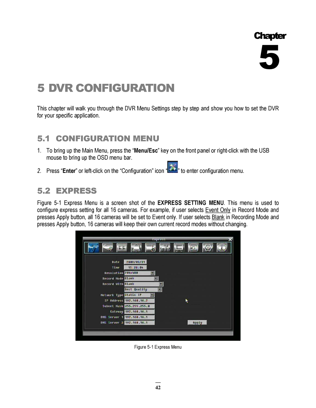 EverFocus 264x4, 264x2 instruction manual DVR Configuration, Configuration Menu, Express 