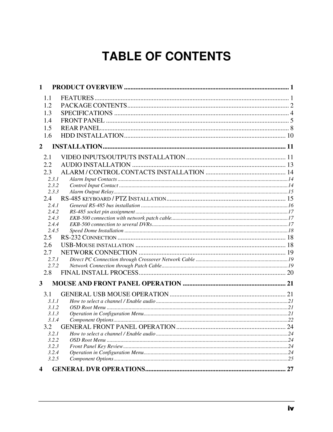 EverFocus 264x4, 264x2 instruction manual Table of Contents 