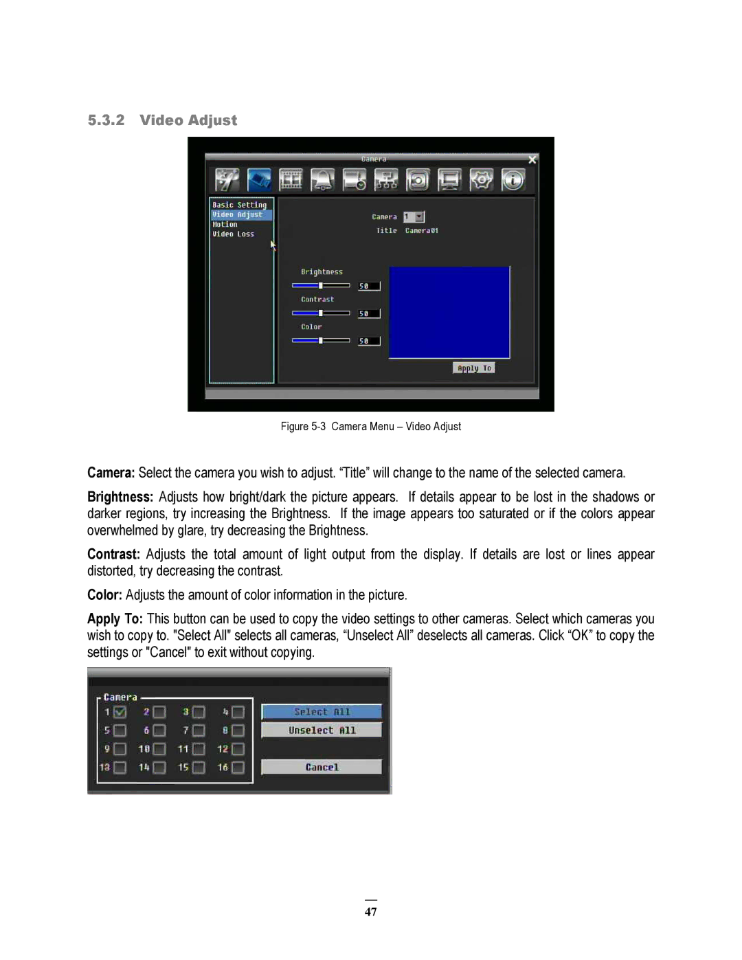 EverFocus 264x2, 264x4 instruction manual Camera Menu Video Adjust 