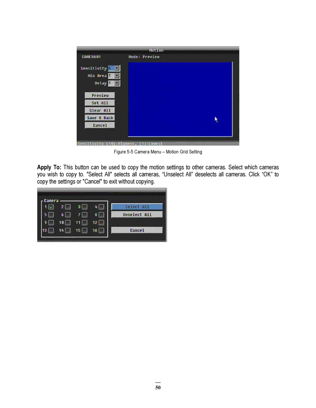 EverFocus 264x4, 264x2 instruction manual Camera Menu Motion Grid Setting 