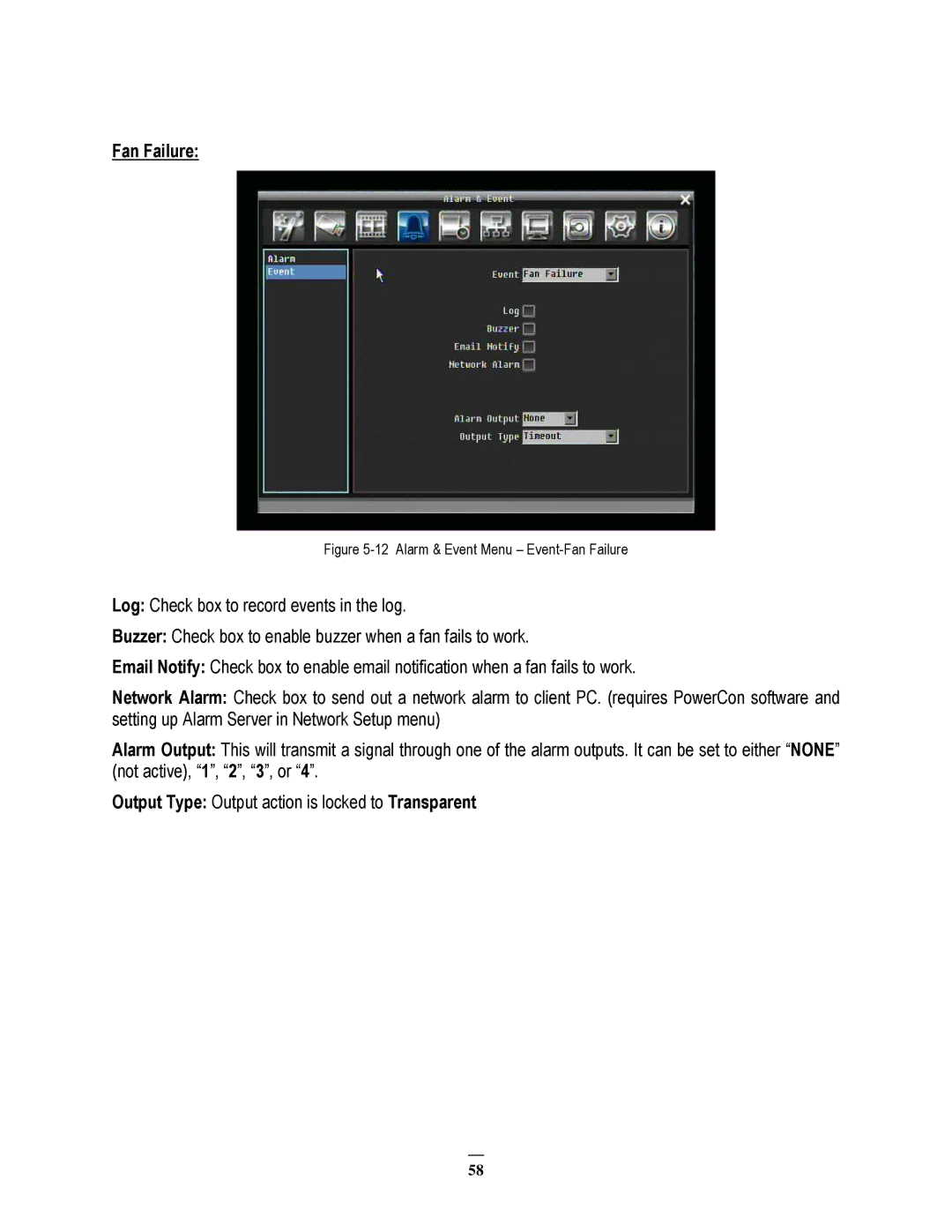 EverFocus 264x4, 264x2 instruction manual Alarm & Event Menu Event-Fan Failure 